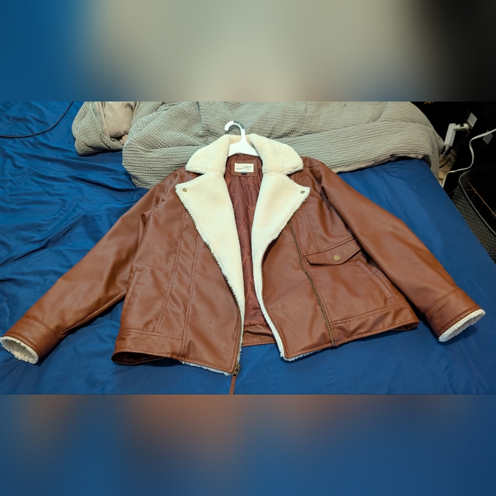 Brown Faux Leather Jacket with Cream Lining